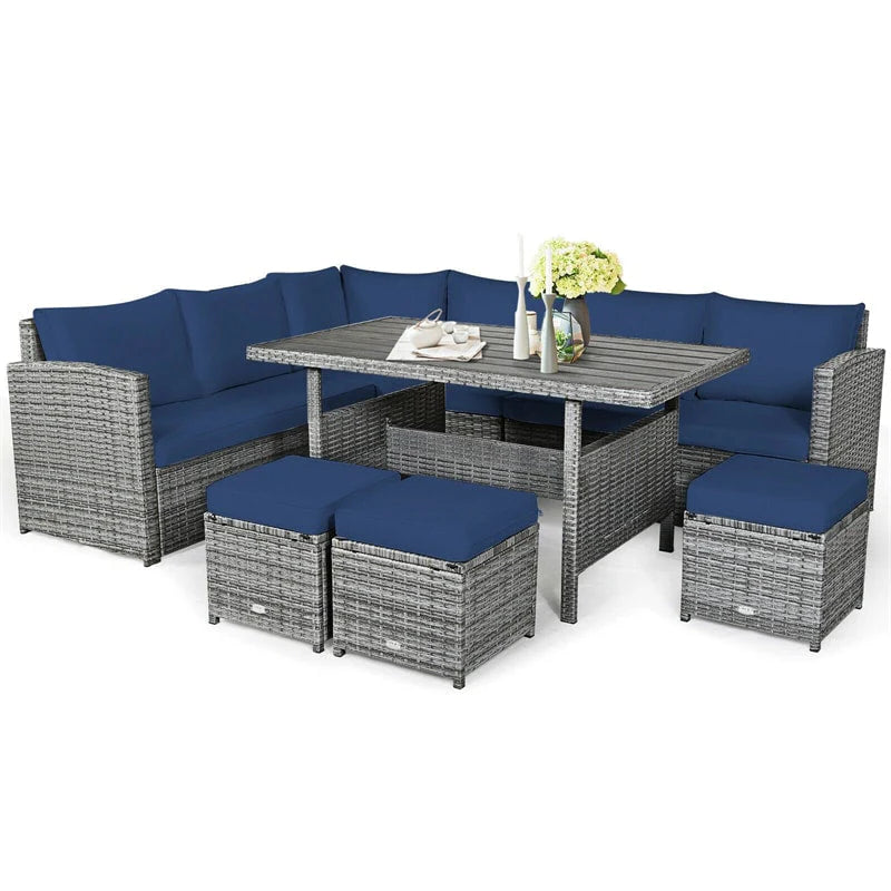 7-Piece Rattan Patio Dining Set – Sectional Sofa with Table, Ottomans & Cushions, Mix Grey