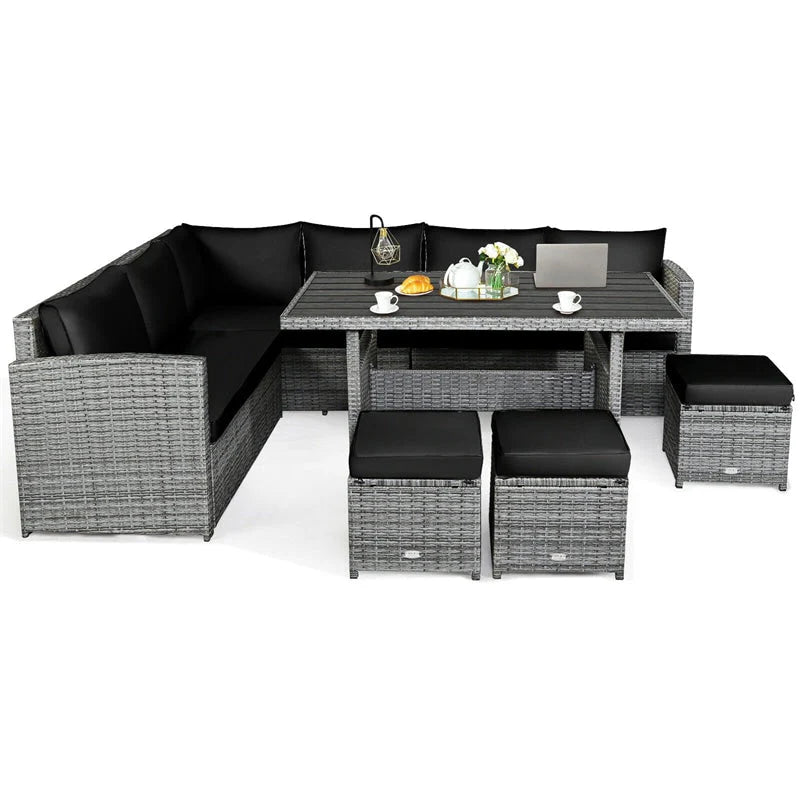 7-Piece Rattan Patio Dining Set – Sectional Sofa with Table, Ottomans & Cushions, Mix Grey