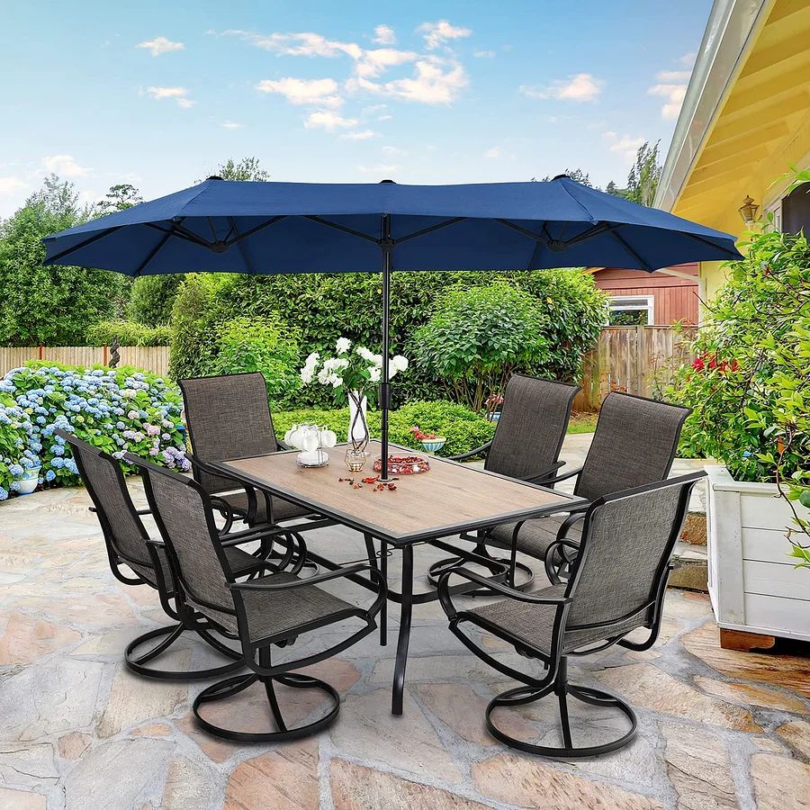 8-Piece Patio Dining Set with Double-Sided Umbrella – 6 Sling Swivel Chairs & Wood-Grain Table