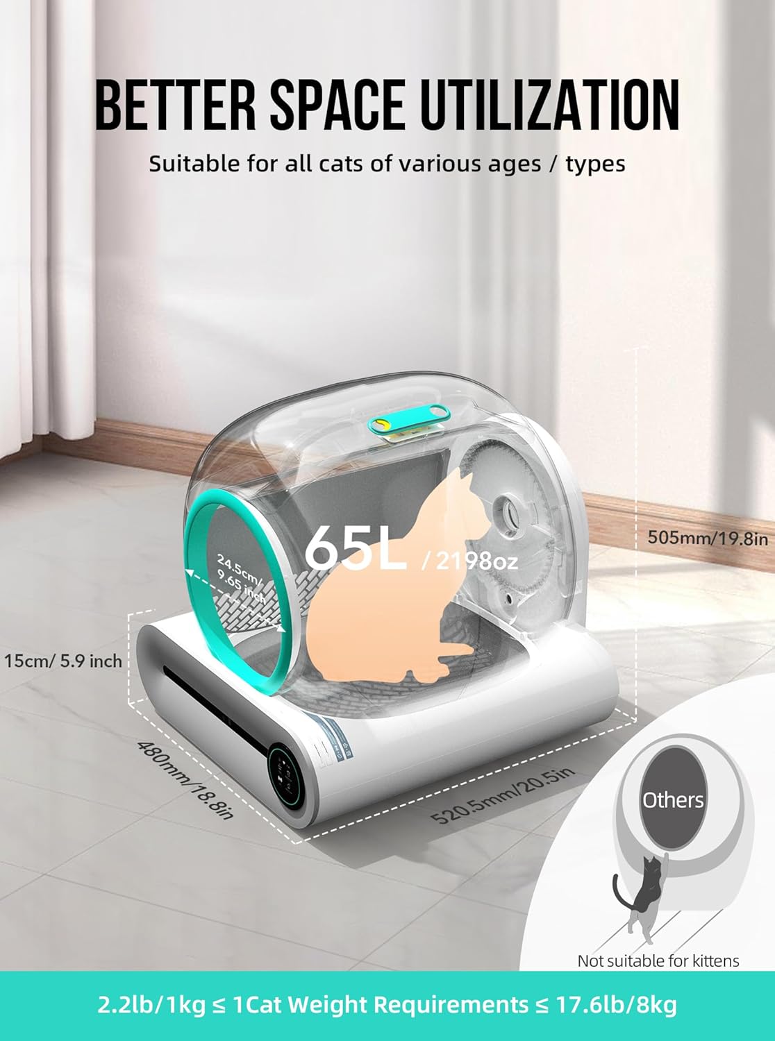 EXPEDMAN Self-Cleaning Cat Litter Box – 65L + 9L, App Control, Mat & Liners, Grey