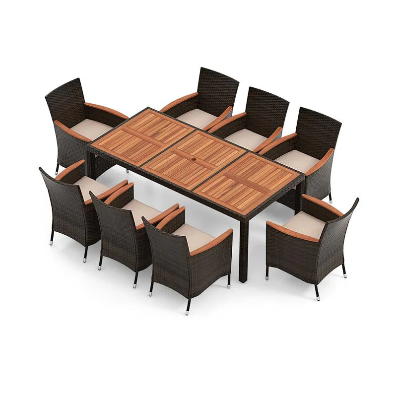 10-Piece Patio Rattan Dining Set with 15 ft Double-Sided Umbrella – Acacia Wood Table & Stackable Cushioned Wicker Chairs