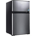 Silver two-door compact mini fridge with built-in freezer and LED light