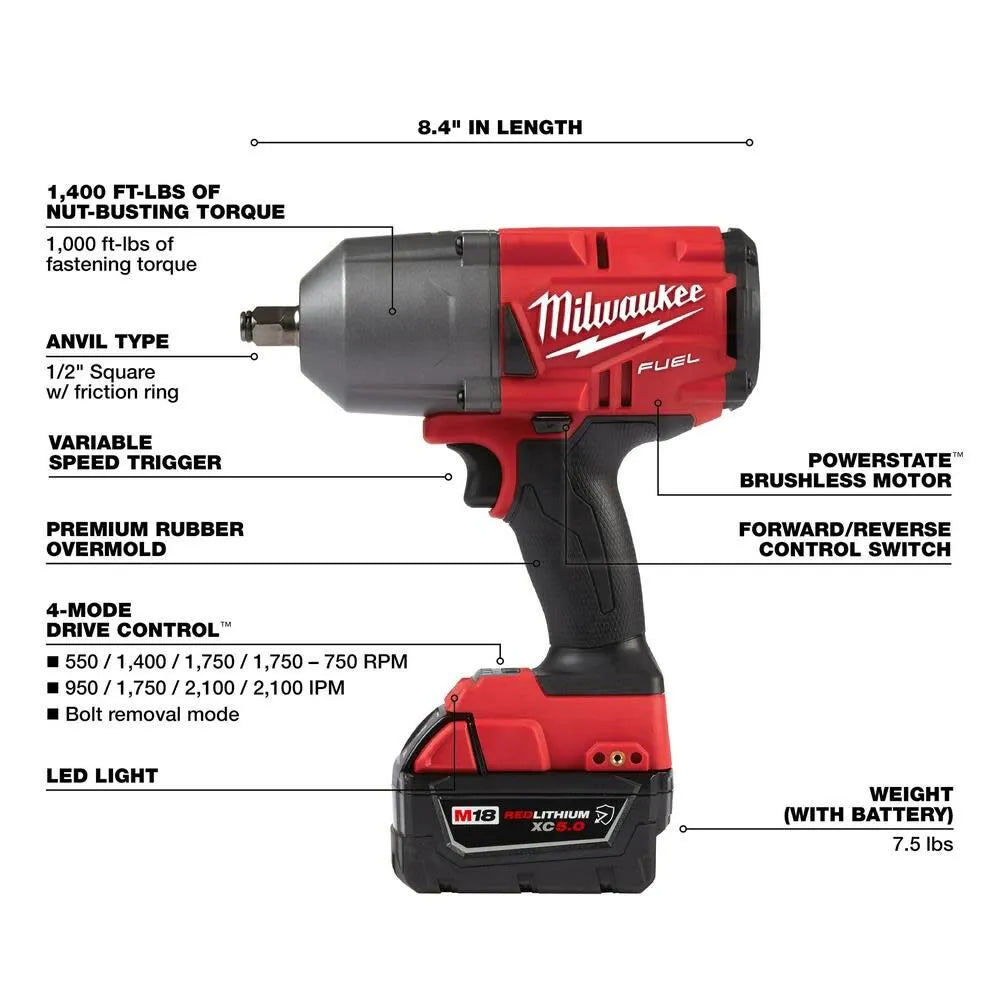 Milwaukee M18 FUEL 1/2 in. High-Torque Impact Wrench Kit 2767-22R, Friction Ring, 2x XC5.0 Batteries