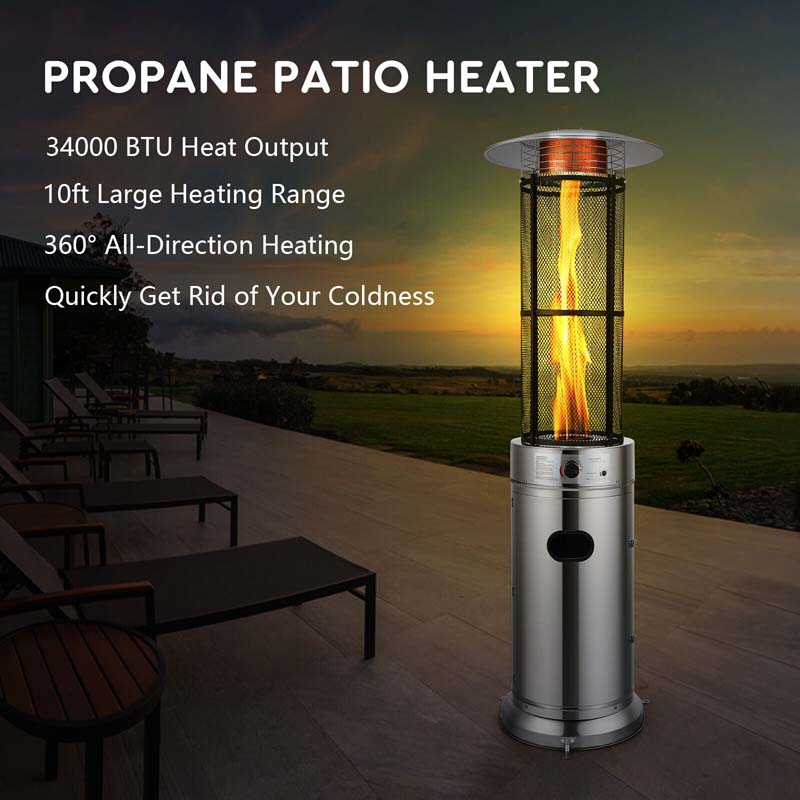 41000 BTU Stainless Steel Patio Heater - Standing Propane Garden Heater with Glass Flame Tube, Wheels & Tilt Shut-Off