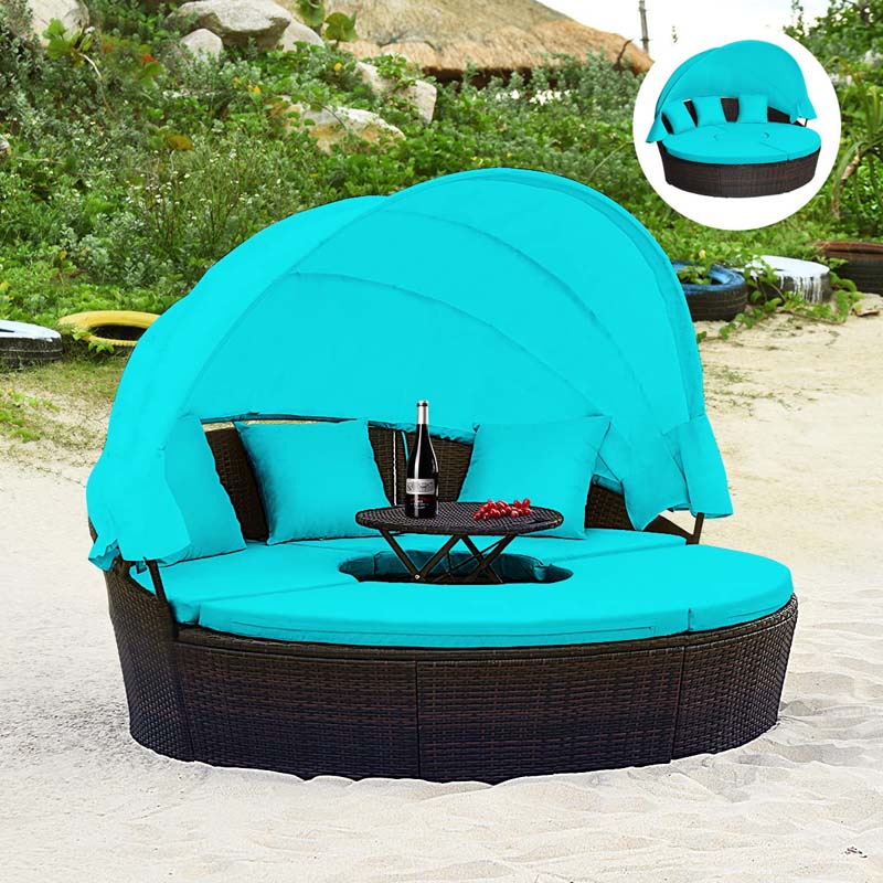 Rattan Wicker Round Patio Daybed with Retractable Canopy & Adjustable Coffee Table – Outdoor Sofa Set