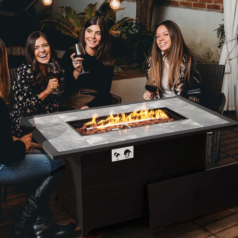52" Rattan Propane Gas Fire Pit Table – 50,000 BTU, Marble Top, Lava Rocks & Cover