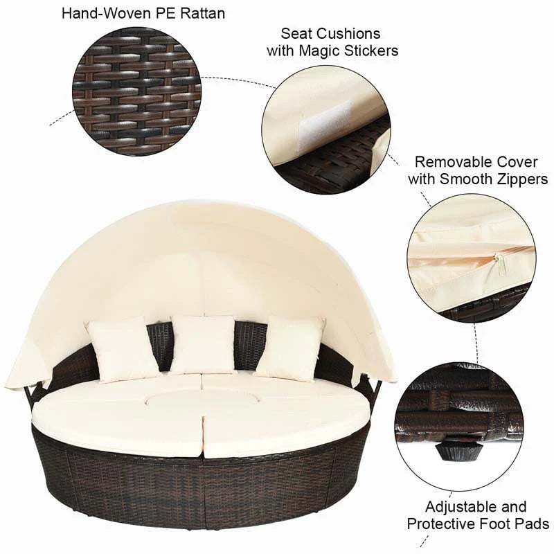 Rattan Wicker Round Patio Daybed with Retractable Canopy & Adjustable Coffee Table – Outdoor Sofa Set
