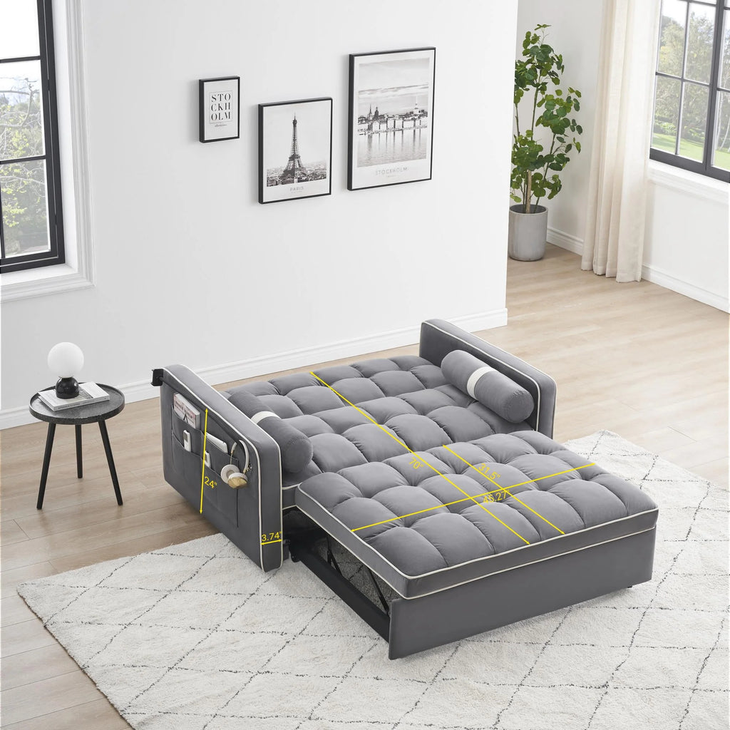 3-in-1 Convertible Sleeper Sofa Bed – 55.5" Tufted Velvet Loveseat Futon with Pull-Out Bed (Grey)