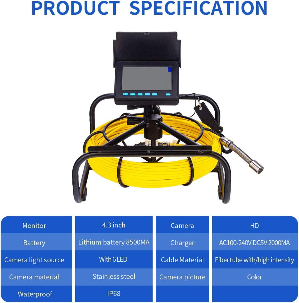 SYANSPAN Sewer Inspection Camera 100 ft, 17 mm IP68 Pipe Camera with 16GB DVR, 4.3 in Screen, 8500mAh Battery