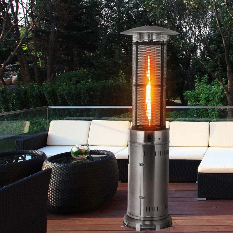 41,000 BTU Stainless Steel Patio Heater – Standing Glass Tube Flame Heater with Wheels, Push-Button Ignition