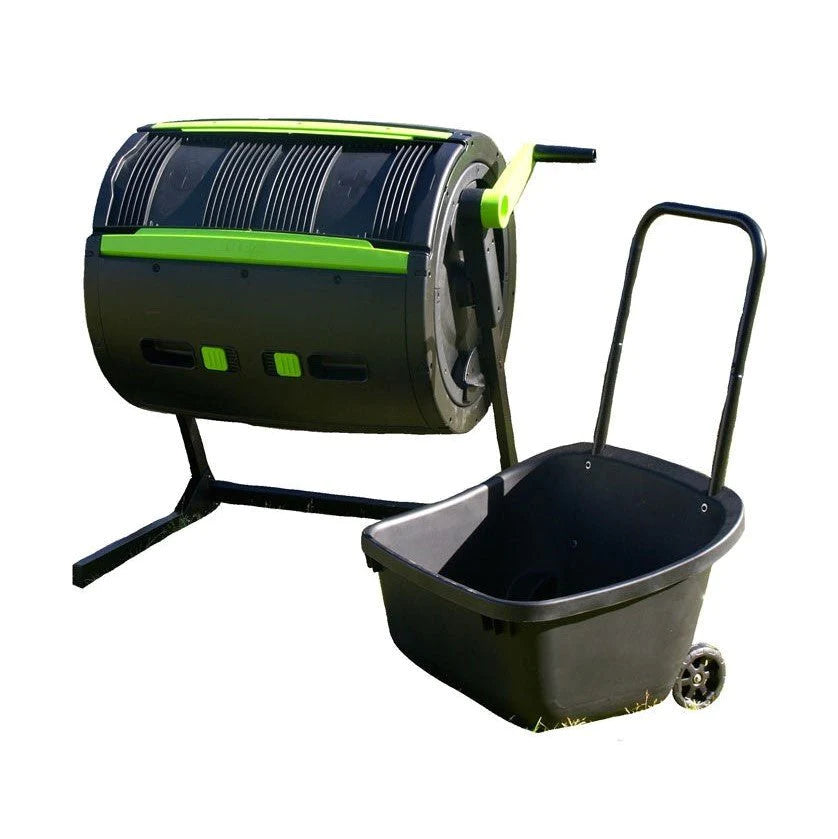 Maze 65-Gallon Compost Tumbler and Cart Combo - Dual Chamber Rotating Composter with 12-Gallon Wheeled Cart