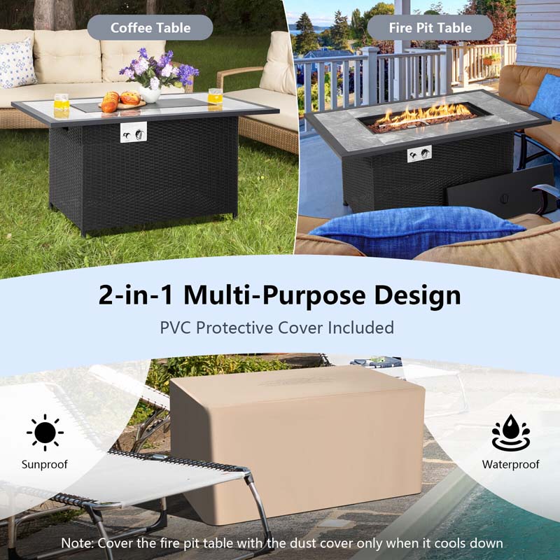 52" Rattan Propane Gas Fire Pit Table – 50,000 BTU, Marble Top, Lava Rocks & Cover