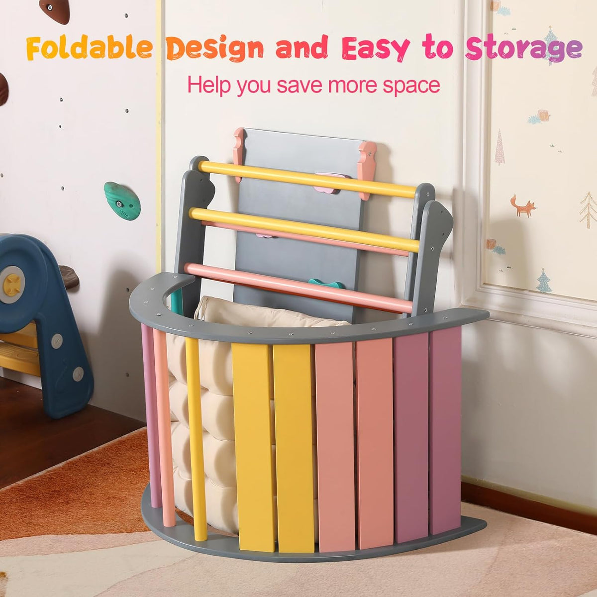 5-in-1 Montessori Foldable Climbing Triangle Set with Arch, Ramp & Cushion, Wooden Pikler Play Gym for Toddlers
