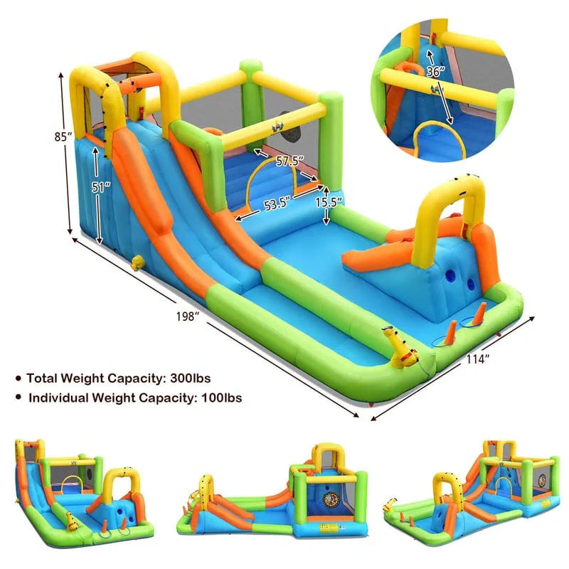 8-in-1 Inflatable Water Slide Park - Bounce House with Dual Slides, Climbing Wall & Splash Pool (Blower Not Included)