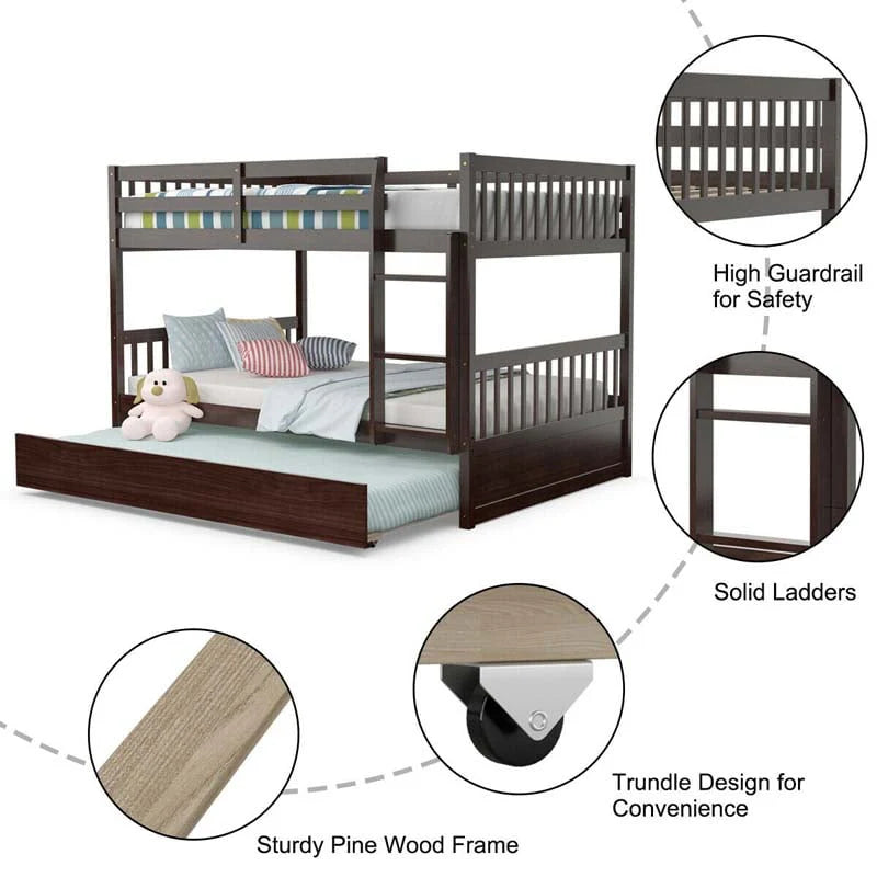 Solid Wood Full-over-Full Bunk Bed Frame with Trundle, Ladder & Guardrails, Convertible for Kids & Teens