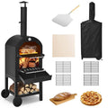 Black 2-tier wood-fired outdoor pizza oven on wheels with pizza stone