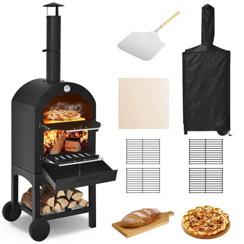 Black 2-tier wood-fired outdoor pizza oven on wheels with pizza stone