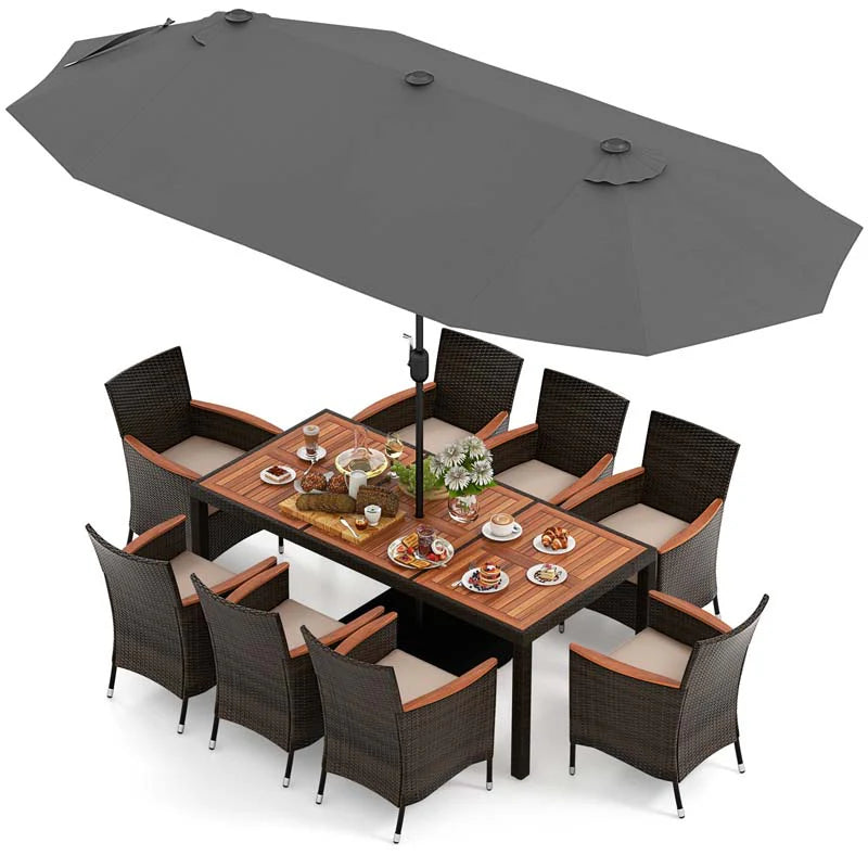 10-Piece Patio Rattan Dining Set with 15 ft Double-Sided Umbrella – Acacia Wood Table & Stackable Cushioned Wicker Chairs