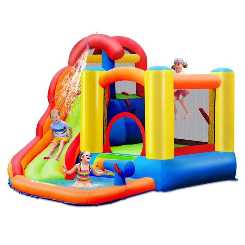 6-in-1 Kids Inflatable Water Slide Bounce House with Climbing Wall, Splash Pool, Basketball Rim & 740W Blower