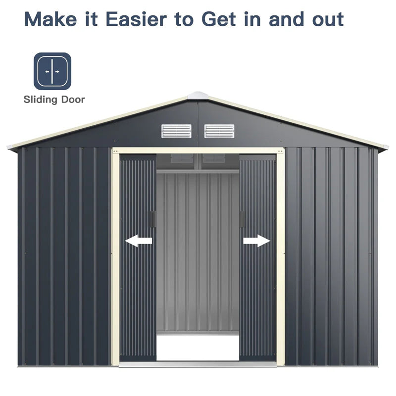 9 x 6 ft Outdoor Metal Storage Shed – Sliding Lockable Double Doors, 4 Vents, Grey Steel