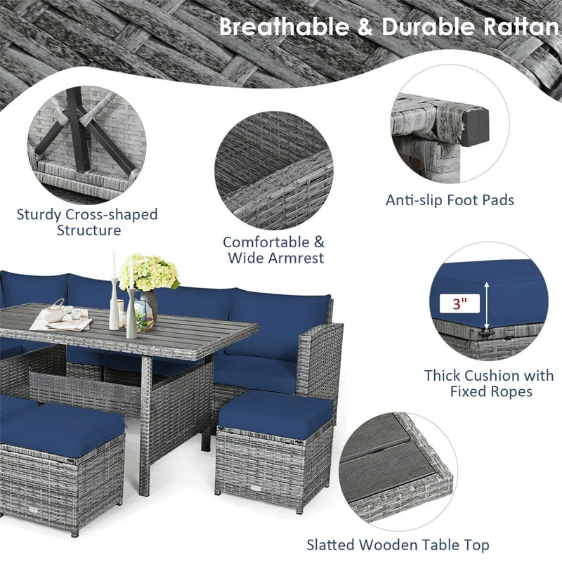 7-Piece PE Rattan Patio Sectional Sofa Set with Dining Table, Ottomans & Cushions, Mix Grey