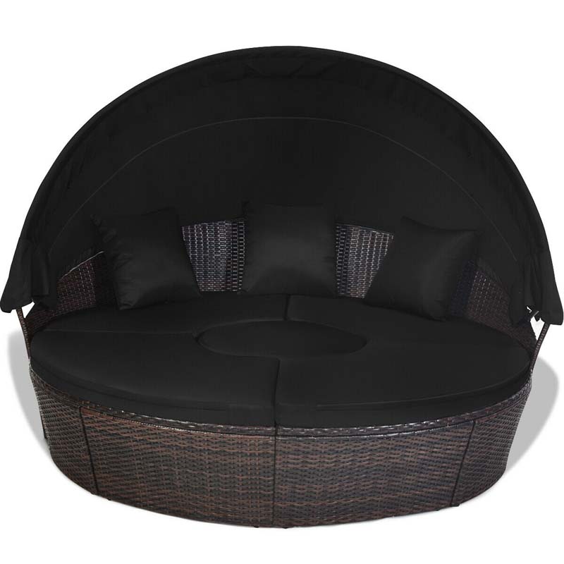 Rattan Wicker Round Patio Daybed with Retractable Canopy & Adjustable Coffee Table – Outdoor Sofa Set