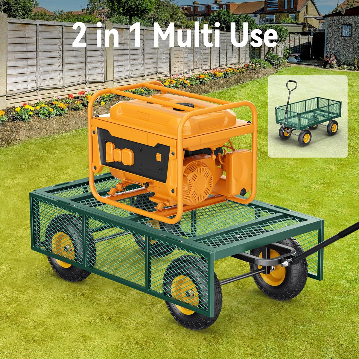 Vibemo 2-in-1 Steel Garden Cart – 1400 lb Heavy-Duty Wagon, Mesh Sides to Flatbed, 13" Pneumatic Tyres