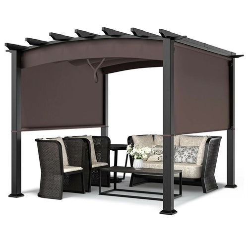 Brown 10x10 ft metal patio pergola with retractable canopy