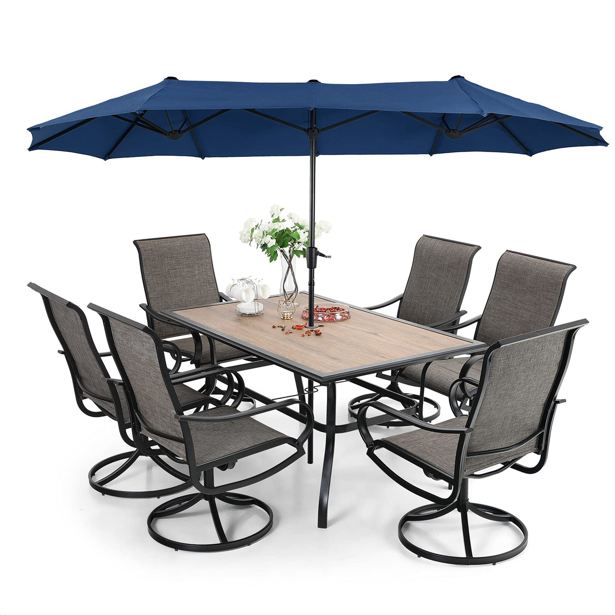 8-Piece Patio Dining Set with Double-Sided Umbrella – 6 Sling Swivel Chairs & Wood-Grain Table