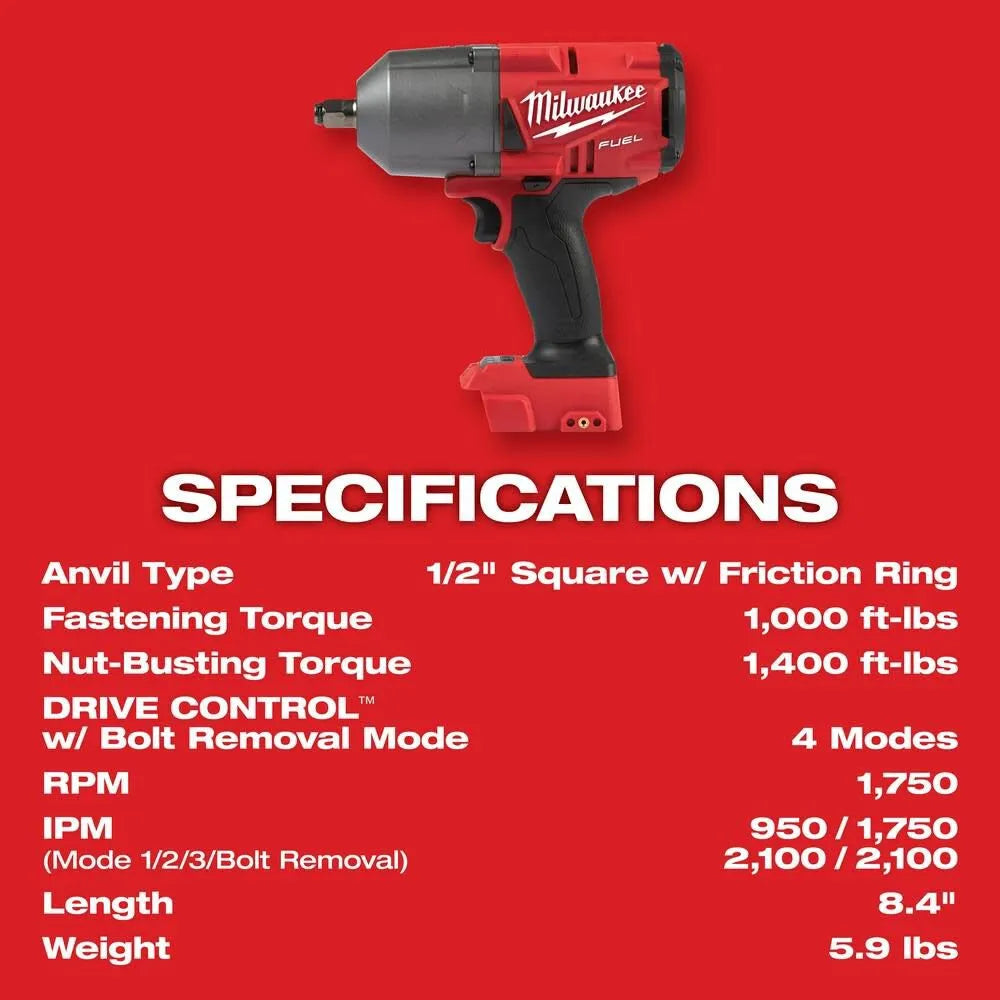 Milwaukee M18 FUEL 1/2 in. High-Torque Impact Wrench Kit 2767-22R, Friction Ring, 2x XC5.0 Batteries