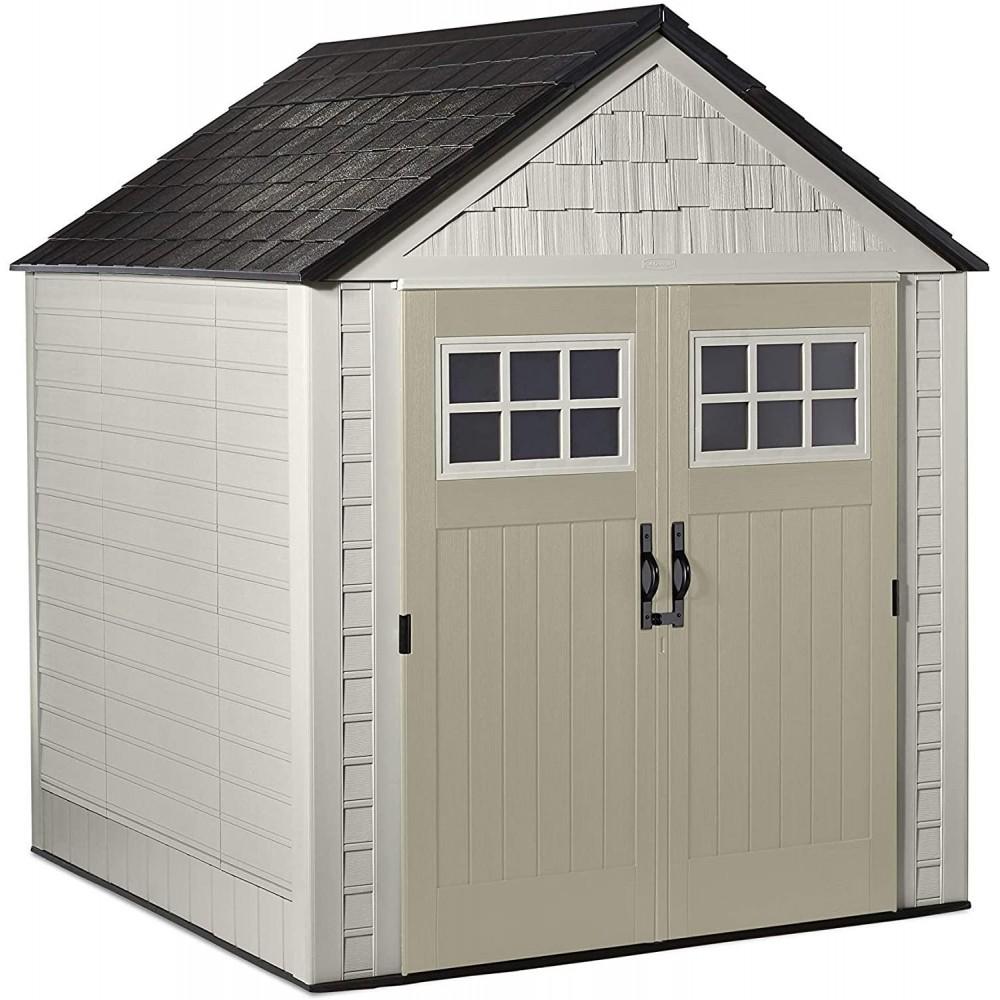 Rubbermaid 7 x 7 ft Weather-Resistant Resin Garden Storage Shed with Windows & Utility Hooks, Sand
