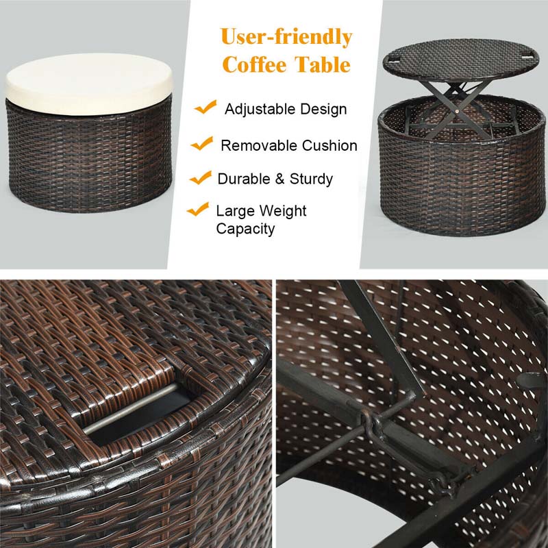 Rattan Wicker Round Patio Daybed with Retractable Canopy & Adjustable Coffee Table – Outdoor Sofa Set