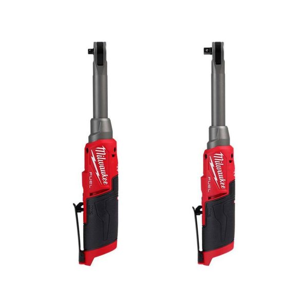 Red Milwaukee M12 FUEL extended reach high-speed cordless ratchets