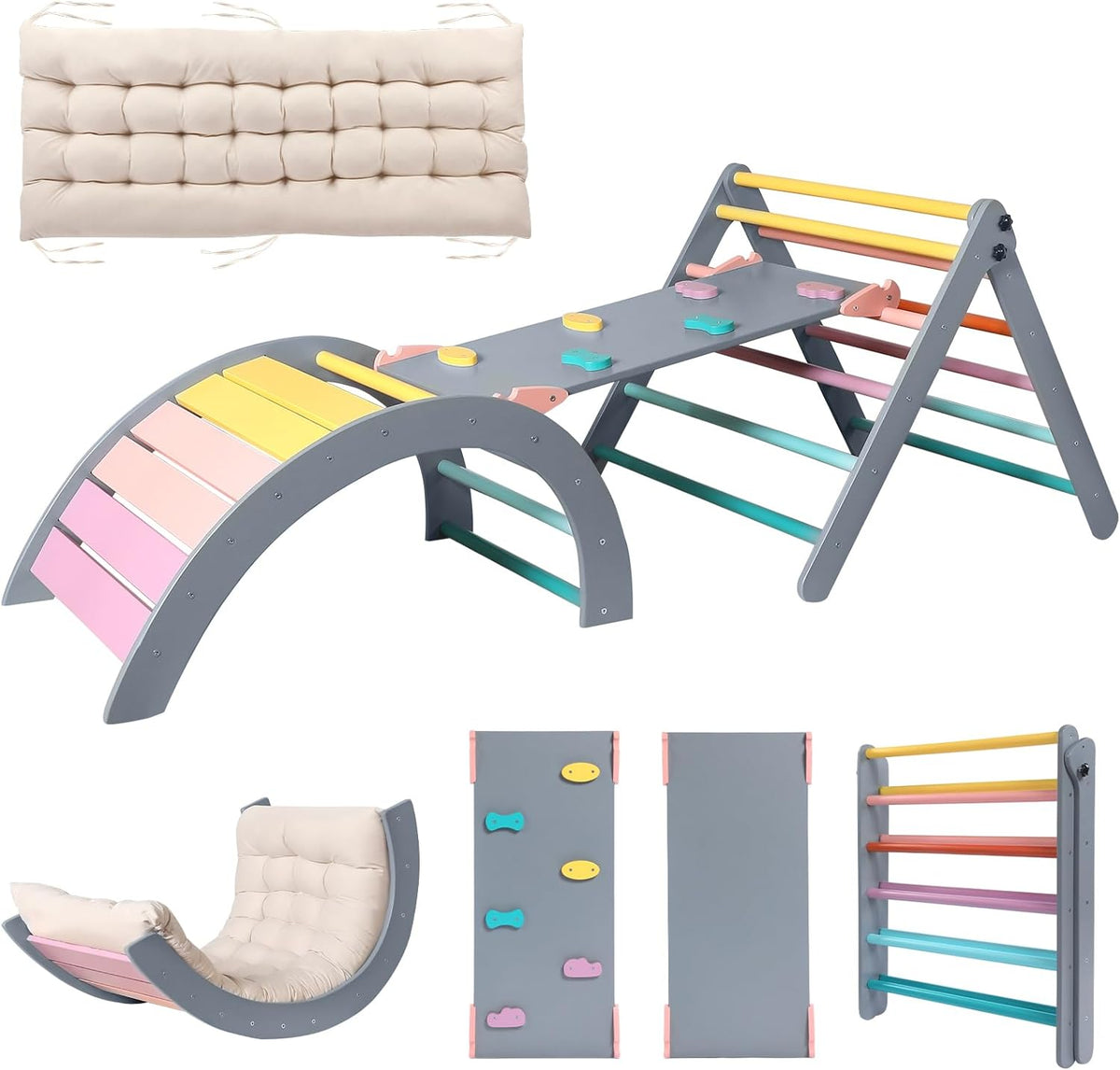 Wooden 5-in-1 Montessori Pikler climbing triangle set with arch and ramp