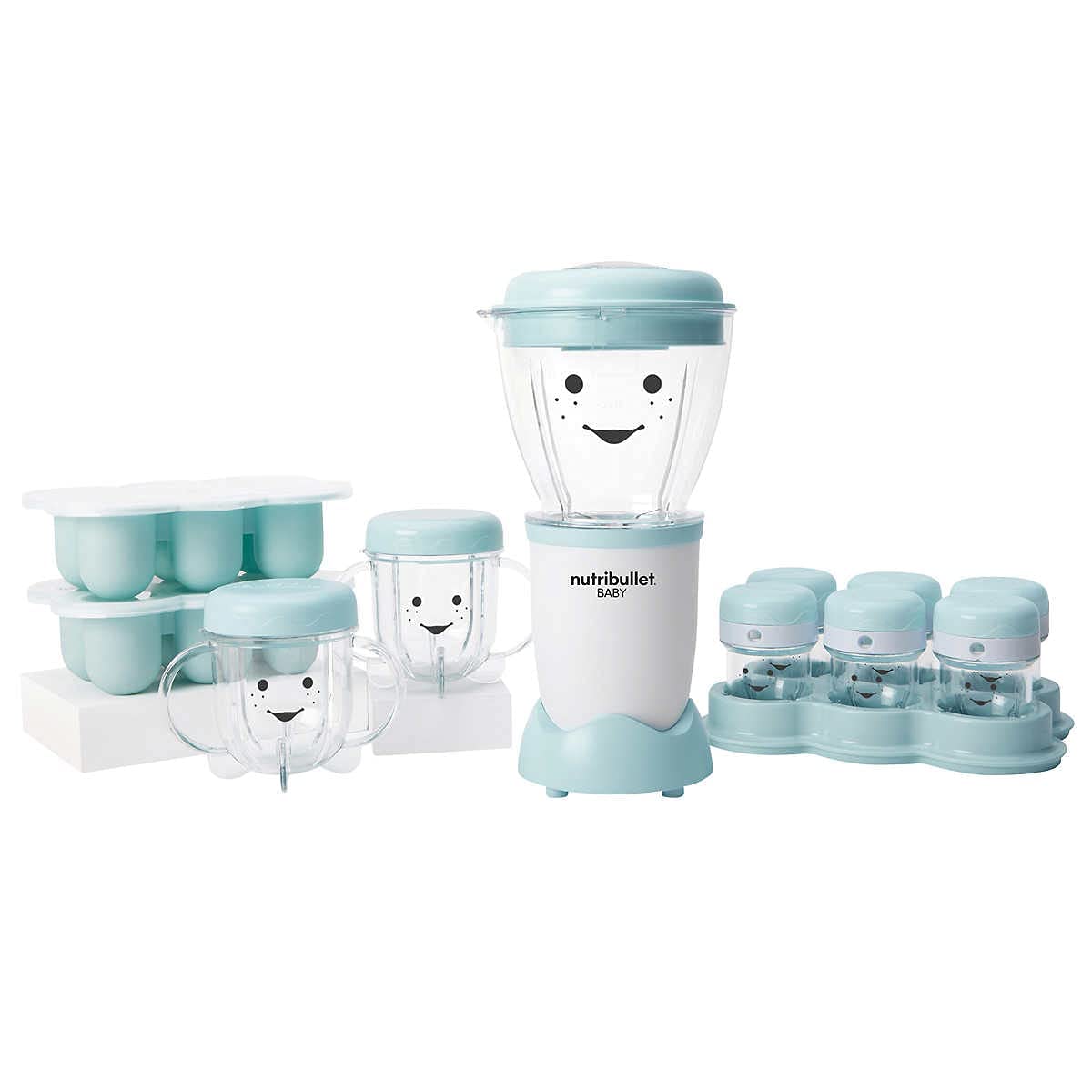 White and blue NutriBullet Baby complete food making system on counter
