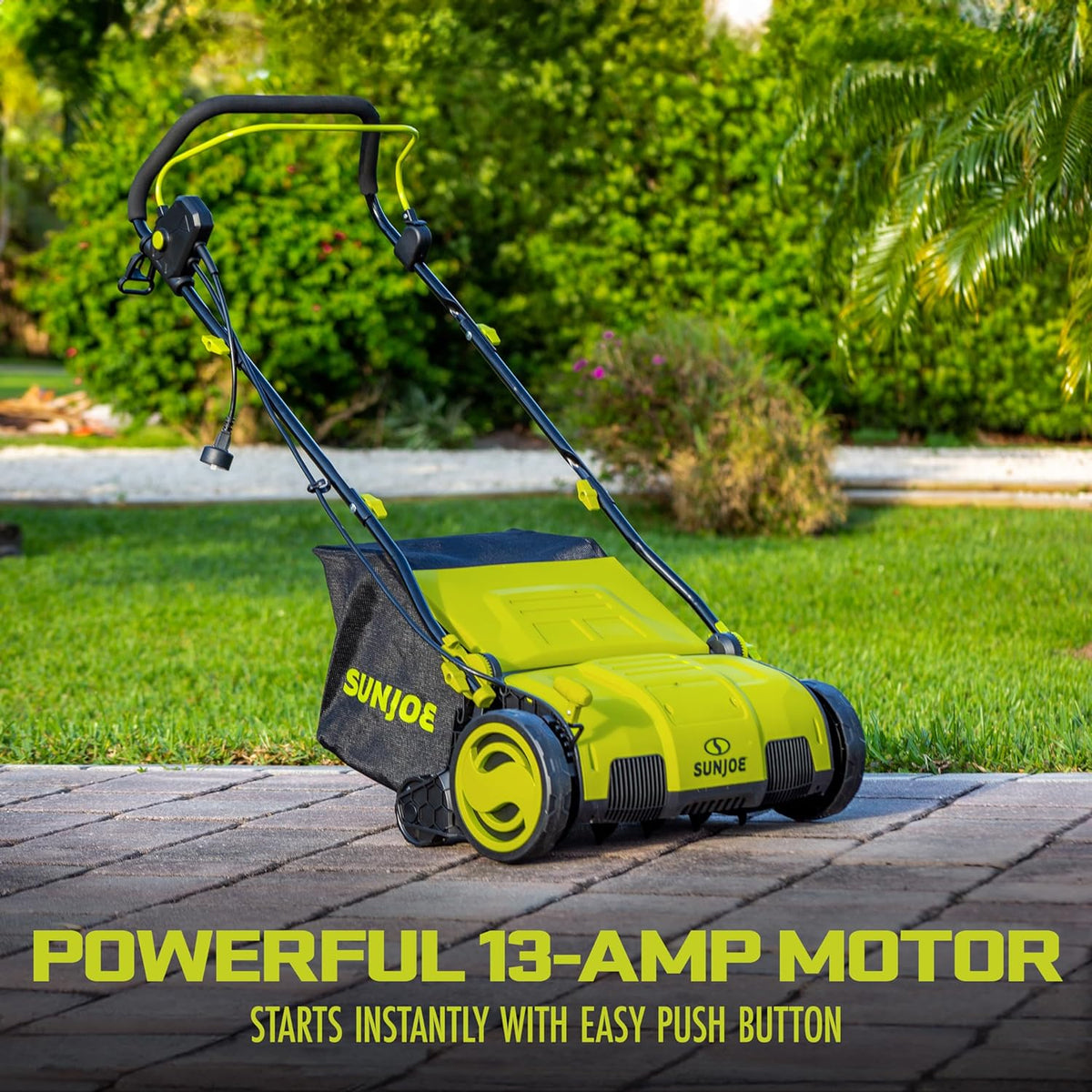 AJ805E 15-Inch Electric Dethatcher and Scarifier - 13-Amp Corded Lawn Rake with 13.2-Gal Collection Bag, 5-Position Depth