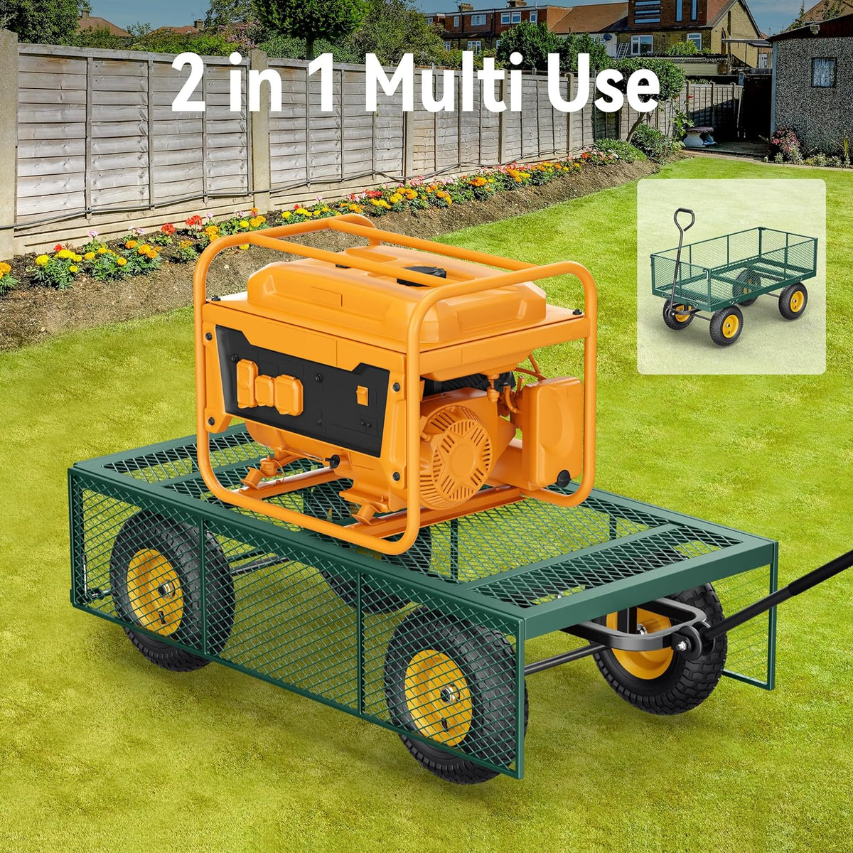 Vibemo 2-in-1 Steel Garden Cart – 1400 lb Heavy-Duty Wagon, Mesh Sides to Flatbed, 13" Pneumatic Tyres