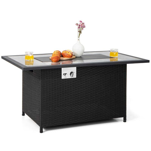 52" Rattan Propane Gas Fire Pit Table – 50,000 BTU, Marble Top, Lava Rocks & Cover