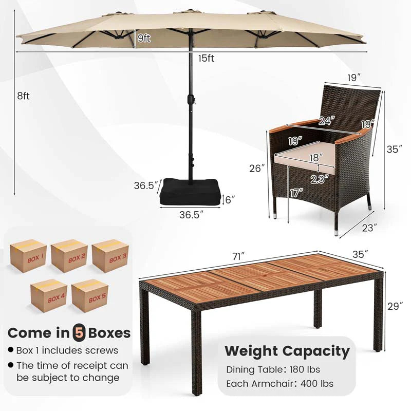 10-Piece Patio Rattan Dining Set with 15 ft Double-Sided Umbrella – Acacia Wood Table & Stackable Cushioned Wicker Chairs