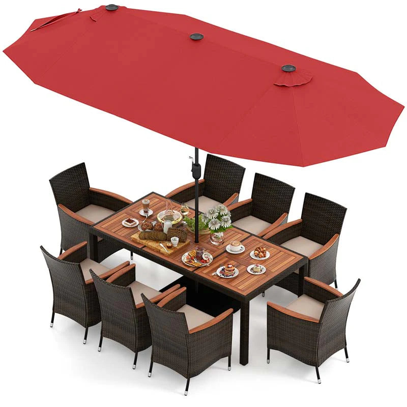 10-Piece Patio Rattan Dining Set with 15 ft Double-Sided Umbrella – Acacia Wood Table & Stackable Cushioned Wicker Chairs