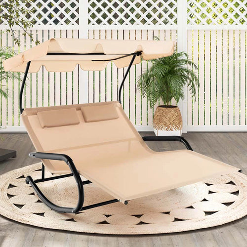 2-Person Patio Hammock Swing Bed – Extra Large Outdoor Rocking Chaise Lounge with Canopy & Wheels
