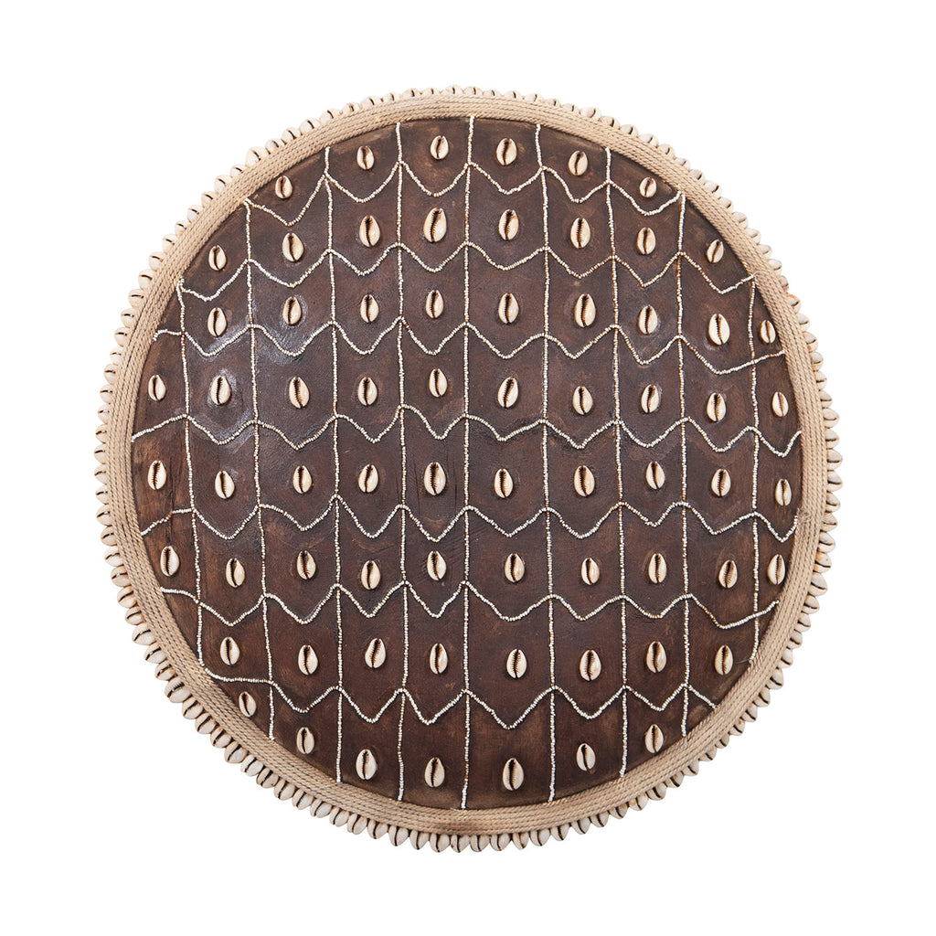 Hand-Carved Cameroon Shield with Cowrie Shells & White Beads