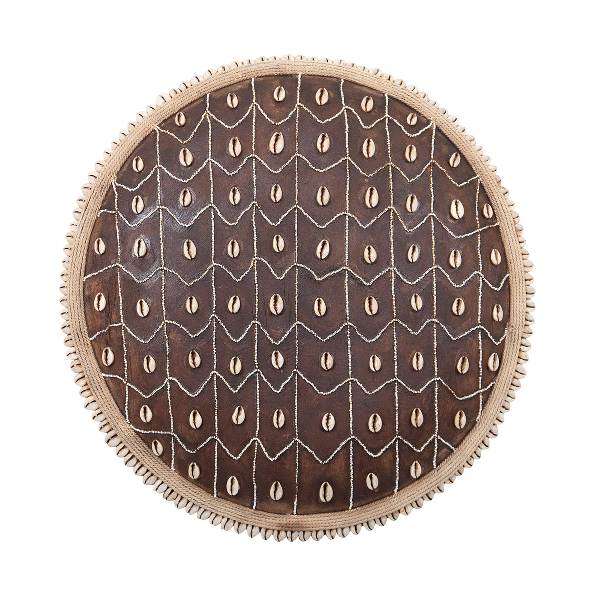 Hand-Carved Cameroon Shield with Cowrie Shells & White Beads