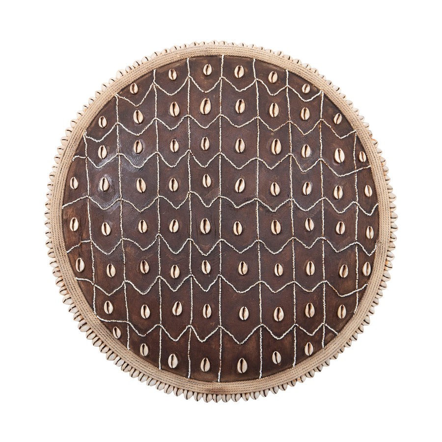Hand-Carved Cameroon Shield with Cowrie Shells & White Beads