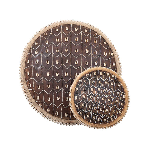 Hand-Carved Cameroon Shield with Cowrie Shells & White Beads